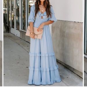 Adeline Pocketed Tie Front Tiered Maxi Dress - Blue - Small